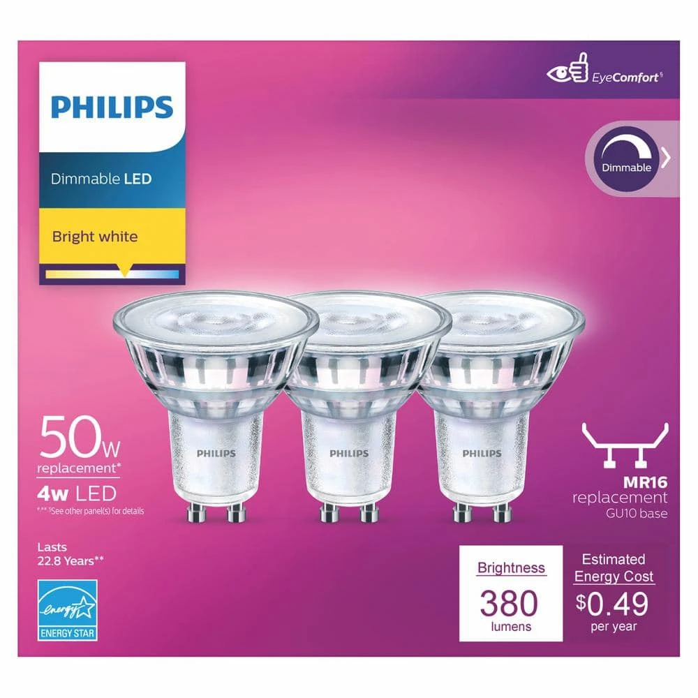 50-Watt Equivalent MR16 GU10 Base LED Light Bulb Bright White 3000K (3-Pack) by Philips 6 50-Watt Equivalent MR16 GU10 Base LED Light Bulb Bright White 3000K (3-Pack) by Philips - Image 4