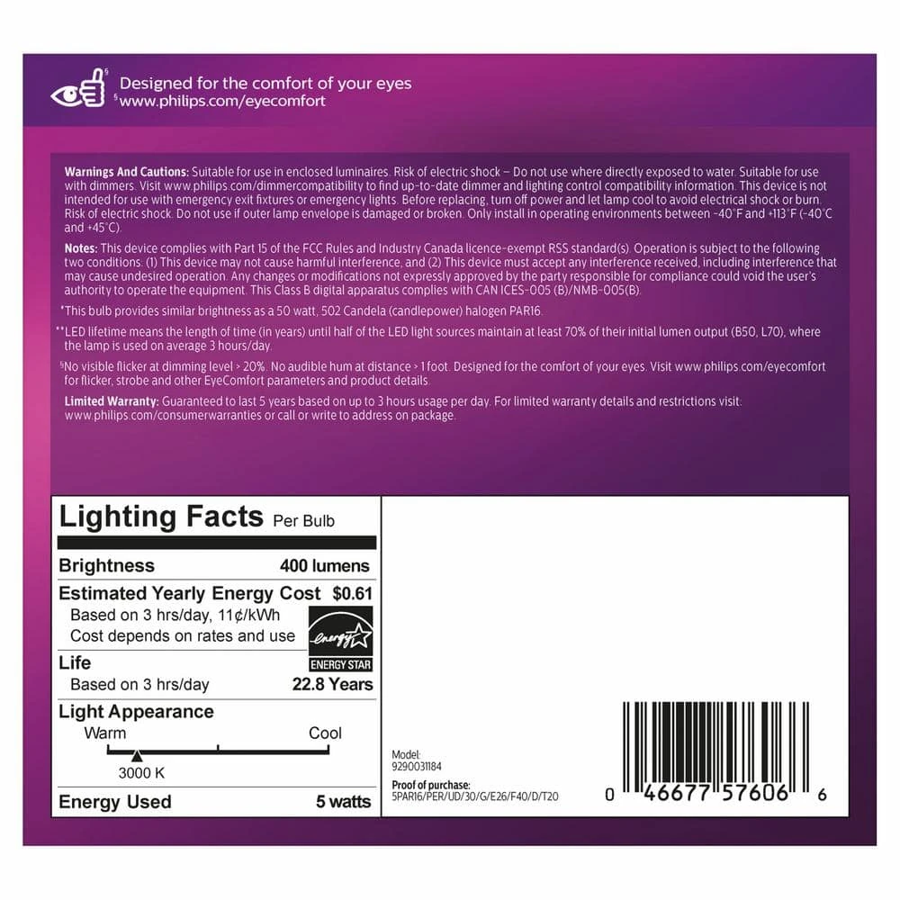 50-Watt Equivalent PAR16 Ultra-Definition Dimmable E26 LED Light Bulb Bright White 3000K (3-Pack) by Philips 9 50-Watt Equivalent PAR16 Ultra-Definition Dimmable E26 LED Light Bulb Bright White 3000K (3-Pack) by Philips - Image 7