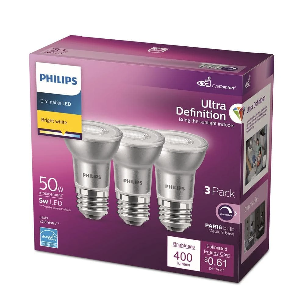 50-Watt Equivalent PAR16 Ultra-Definition Dimmable E26 LED Light Bulb Bright White 3000K (3-Pack) by Philips 7 50-Watt Equivalent PAR16 Ultra-Definition Dimmable E26 LED Light Bulb Bright White 3000K (3-Pack) by Philips - Image 5
