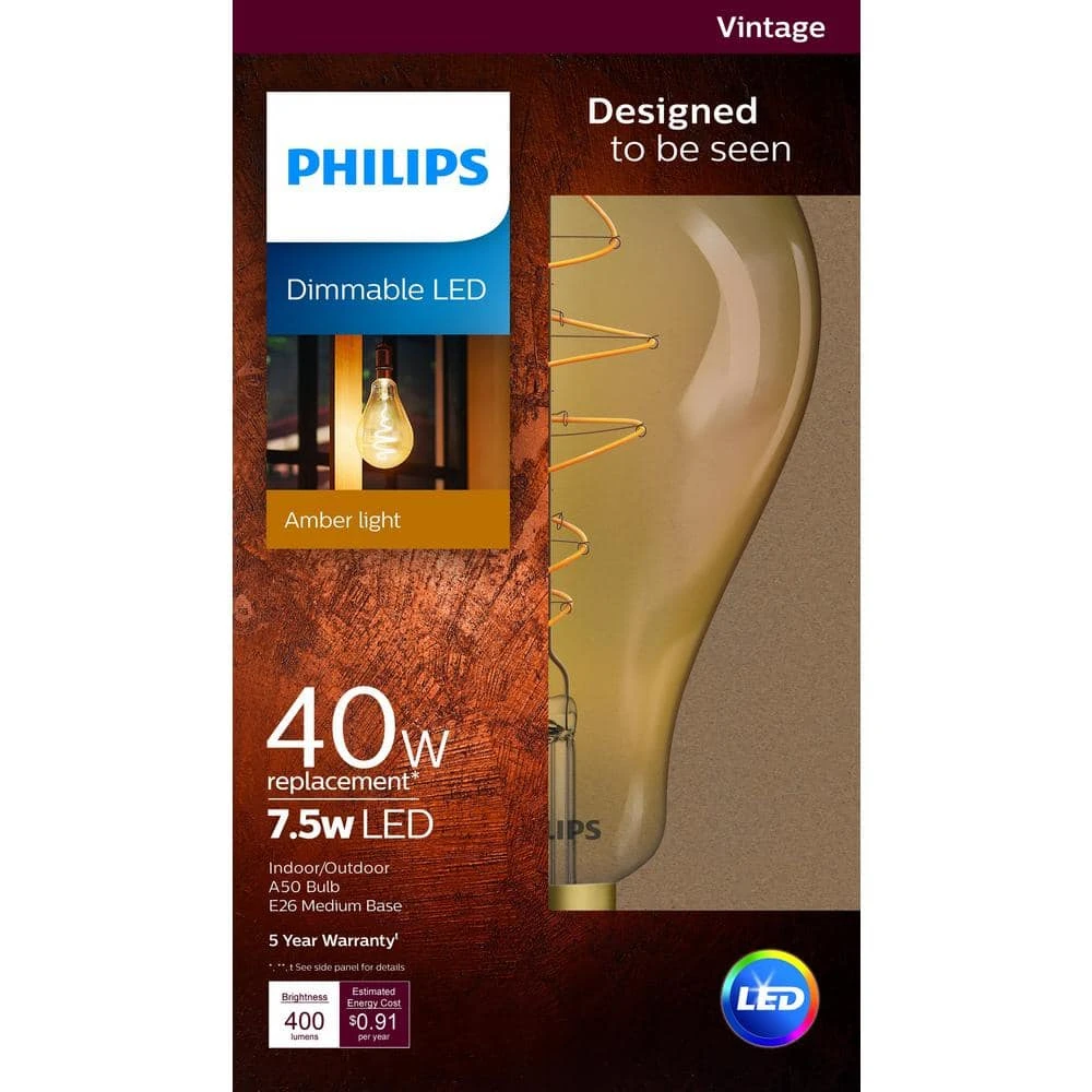 40-Watt Equivalent A50 Dimmable Vintage Glass Edison LED Large Light Bulb Amber Warm White (2000K) by Philips 12 40-Watt Equivalent A50 Dimmable Vintage Glass Edison LED Large Light Bulb Amber Warm White (2000K) by Philips - Image 10