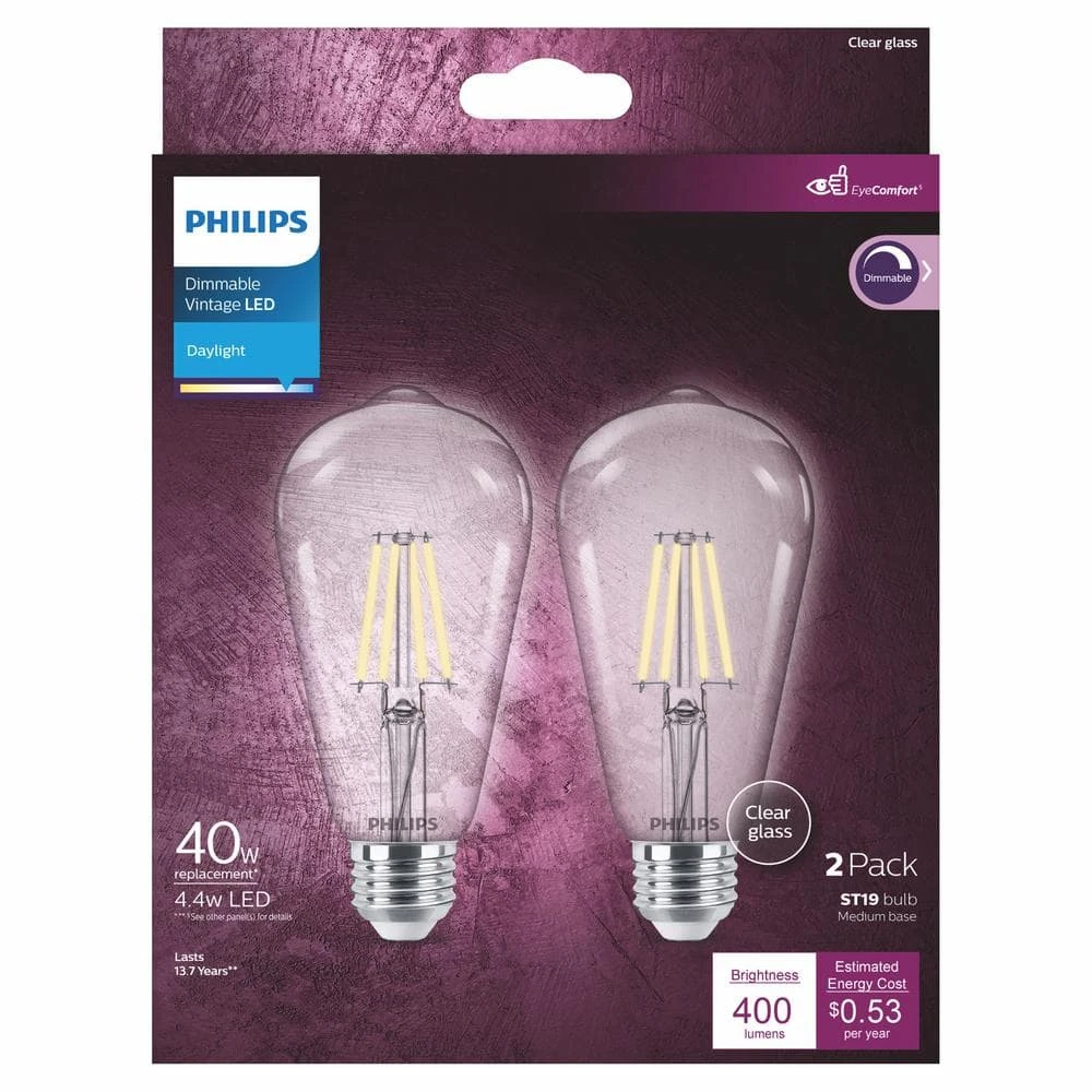 40-Watt Equivalent ST19 Clear Glass Dimmable E26 Vintage Edison LED Light Bulb Daylight 5000K (2-Pack) by Philips 7 40-Watt Equivalent ST19 Clear Glass Dimmable E26 Vintage Edison LED Light Bulb Daylight 5000K (2-Pack) by Philips - Image 5