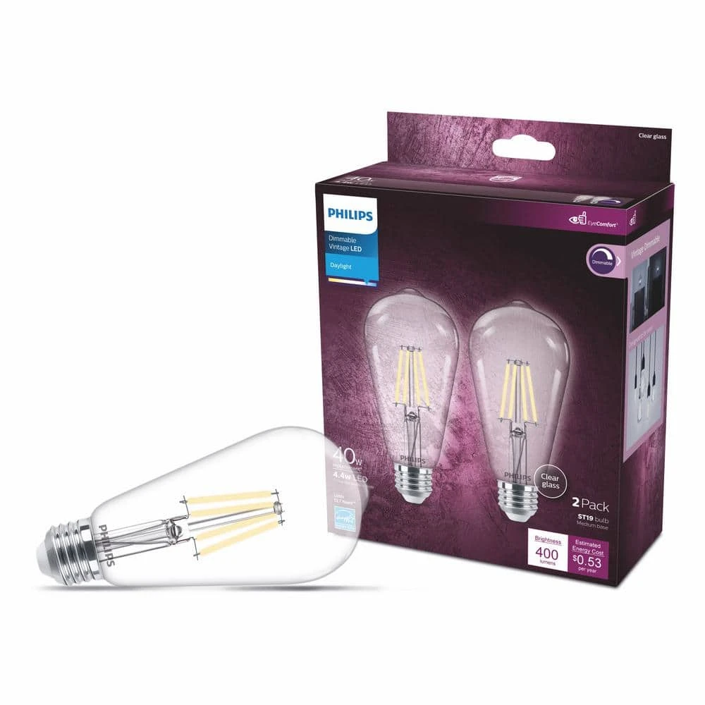 40-Watt Equivalent ST19 Clear Glass Dimmable E26 Vintage Edison LED Light Bulb Daylight 5000K (2-Pack) by Philips 6 40-Watt Equivalent ST19 Clear Glass Dimmable E26 Vintage Edison LED Light Bulb Daylight 5000K (2-Pack) by Philips - Image 4