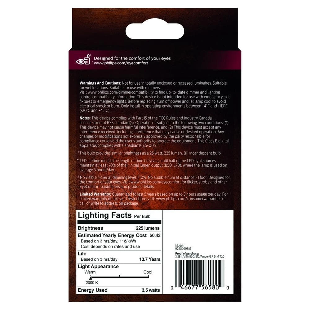 25-Watt Equivalent B11 Spiral Filament E12 Base LED Vintage Edison LED Light Bulb 2000K Amber (2-Pack) by Philips 9 25-Watt Equivalent B11 Spiral Filament E12 Base LED Vintage Edison LED Light Bulb 2000K Amber (2-Pack) by Philips - Image 7