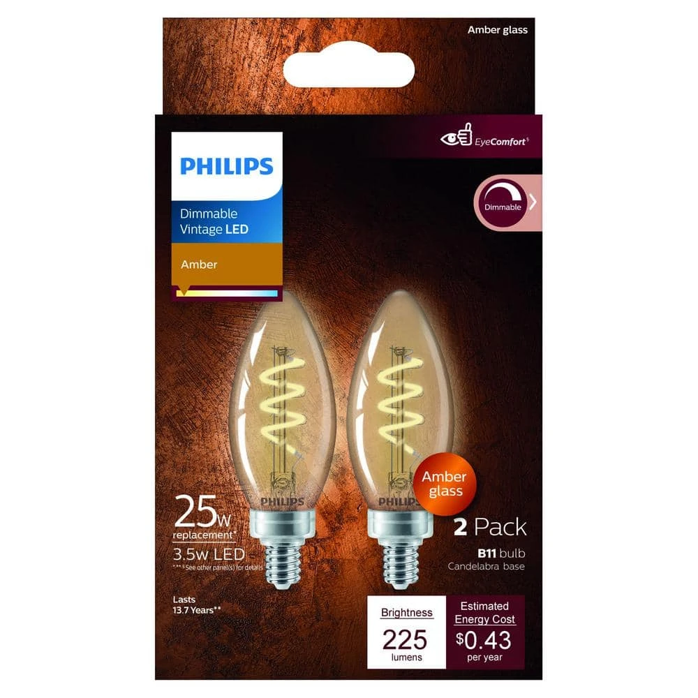 25-Watt Equivalent B11 Spiral Filament E12 Base LED Vintage Edison LED Light Bulb 2000K Amber (2-Pack) by Philips 8 25-Watt Equivalent B11 Spiral Filament E12 Base LED Vintage Edison LED Light Bulb 2000K Amber (2-Pack) by Philips - Image 6