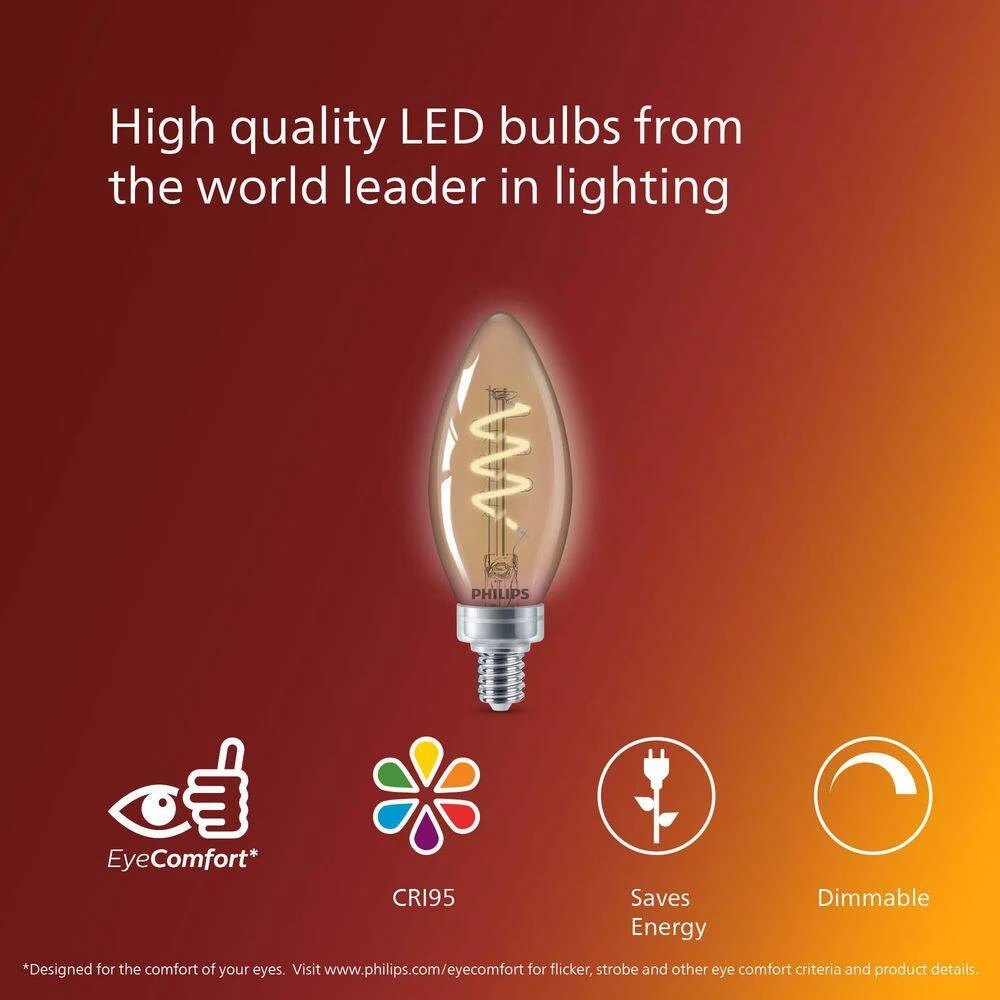 25-Watt Equivalent B11 Spiral Filament E12 Base LED Vintage Edison LED Light Bulb 2000K Amber (2-Pack) by Philips 12 25-Watt Equivalent B11 Spiral Filament E12 Base LED Vintage Edison LED Light Bulb 2000K Amber (2-Pack) by Philips - Image 10