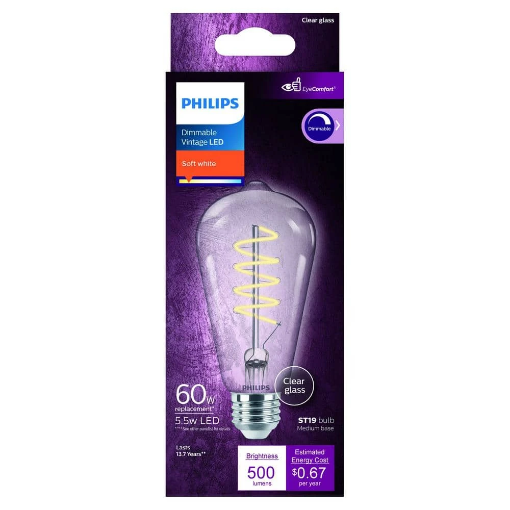 60-Watt Equivalent ST19 Spiral Filament E26 Base LED Vintage Edison LED Light Bulb 2700K Soft White (1-Pack) by Philips 7 60-Watt Equivalent ST19 Spiral Filament E26 Base LED Vintage Edison LED Light Bulb 2700K Soft White (1-Pack) by Philips - Image 5
