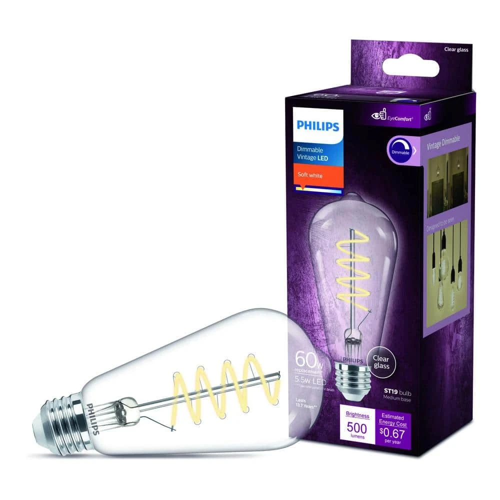 60-Watt Equivalent ST19 Spiral Filament E26 Base LED Vintage Edison LED Light Bulb 2700K Soft White (1-Pack) by Philips 6 60-Watt Equivalent ST19 Spiral Filament E26 Base LED Vintage Edison LED Light Bulb 2700K Soft White (1-Pack) by Philips - Image 4