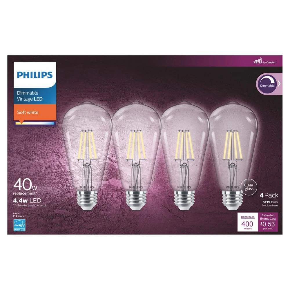 40-Watt Equivalent ST19 Clear Glass Dimmable E26 Vintage Edison LED Light Bulb Soft White 2700K (4-Pack) by Philips 7 40-Watt Equivalent ST19 Clear Glass Dimmable E26 Vintage Edison LED Light Bulb Soft White 2700K (4-Pack) by Philips - Image 5