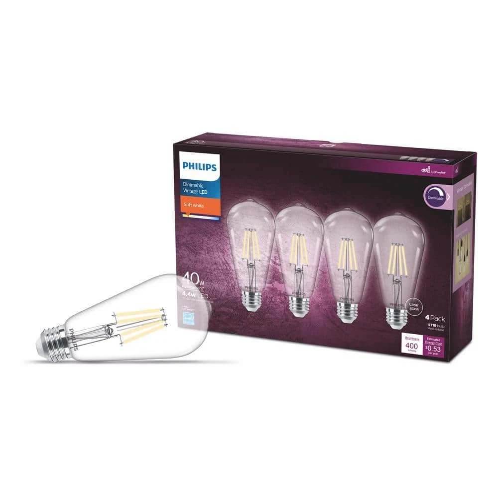 40-Watt Equivalent ST19 Clear Glass Dimmable E26 Vintage Edison LED Light Bulb Soft White 2700K (4-Pack) by Philips 6 40-Watt Equivalent ST19 Clear Glass Dimmable E26 Vintage Edison LED Light Bulb Soft White 2700K (4-Pack) by Philips - Image 4