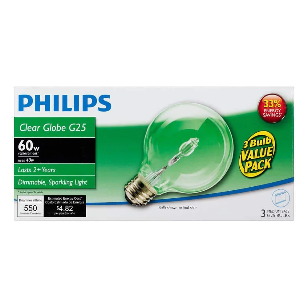60-Watt Equivalent G25 Halogen Clear Decorative Globe Light Bulb (3-Pack) by Philips 6 60-Watt Equivalent G25 Halogen Clear Decorative Globe Light Bulb (3-Pack) by Philips - Image 4