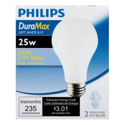 25-Watt A19 Dimmable DuraMax Long-Life Incandescent Light Bulb Soft White (2450K) (2-Pack) by Philips -Philips Lighting Shop philips incandescent light bulbs 168682 4f 1000