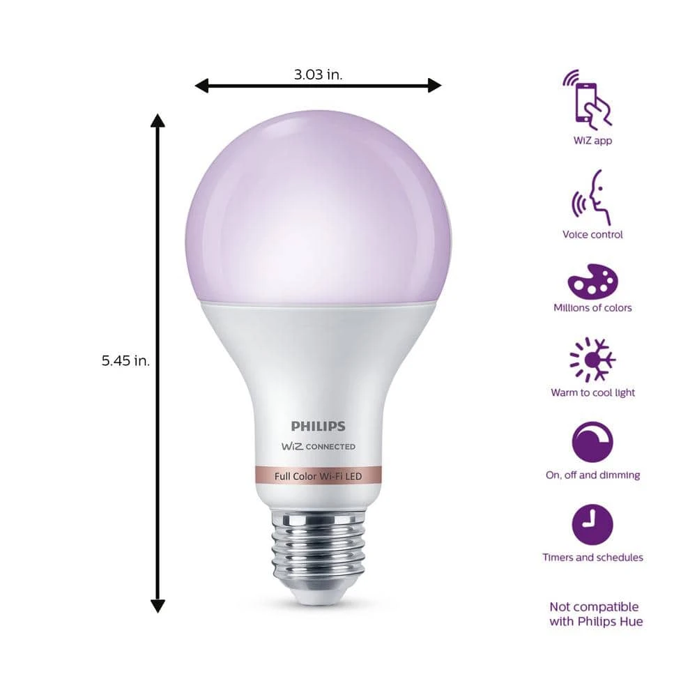 Color and Tunable White A21 LED 100W Equivalent Dimmable Smart Wi-Fi Wiz Connected Wireless LED Light Bulb (4-Pack) by Philips 8 Color and Tunable White A21 LED 100W Equivalent Dimmable Smart Wi-Fi Wiz Connected Wireless LED Light Bulb (4-Pack) by Philips - Image 6