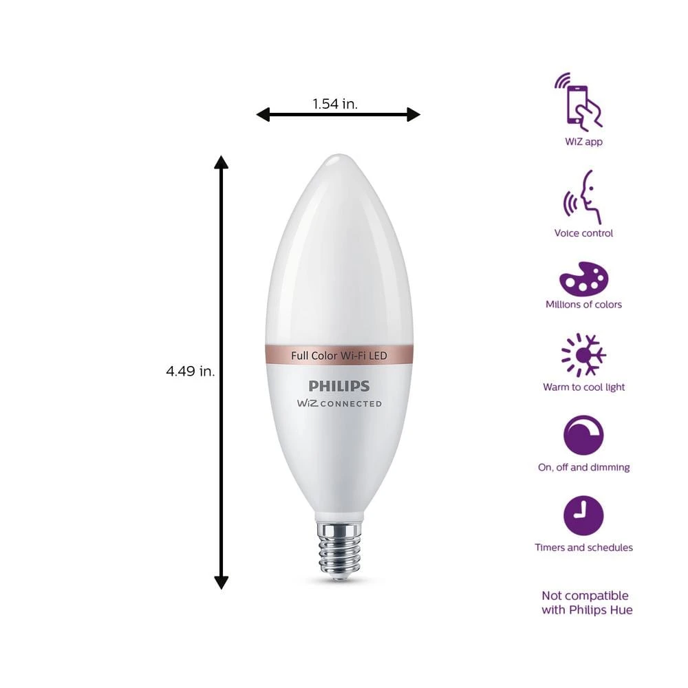Color and Tunable White B12 LED 40W Equivalent Dimmable Smart Wi-Fi Wiz Connected Wireless LED Light Bulb by Philips 8 Color and Tunable White B12 LED 40W Equivalent Dimmable Smart Wi-Fi Wiz Connected Wireless LED Light Bulb by Philips - Image 6