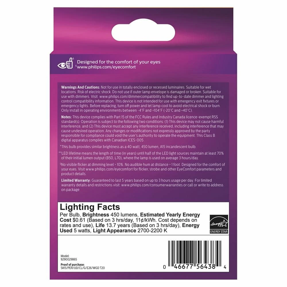 40-Watt Equivalent A15 Ultra Definition Dimmable Clear Glass E26 LED Light Bulb Soft White with Warm Glow 2700K (2-Pack) by Philips 9 40-Watt Equivalent A15 Ultra Definition Dimmable Clear Glass E26 LED Light Bulb Soft White with Warm Glow 2700K (2-Pack) by Philips - Image 7