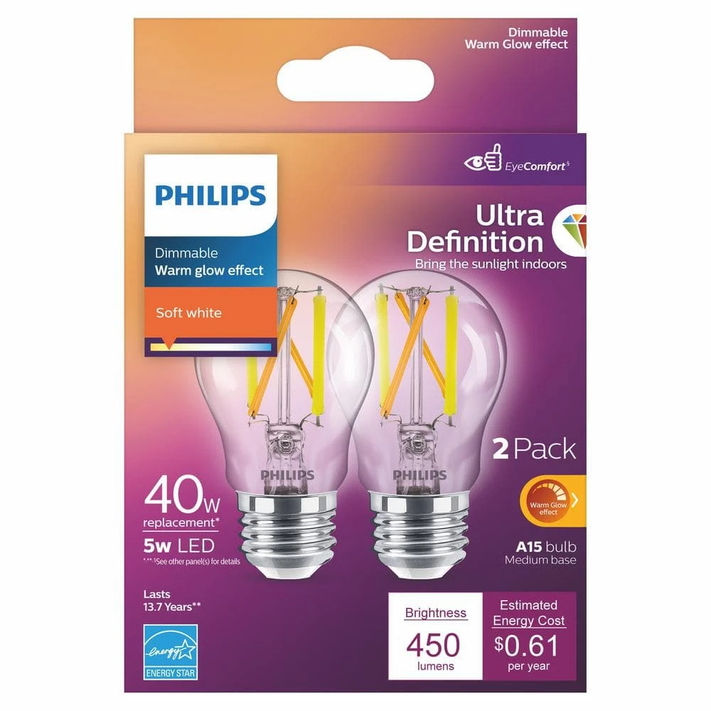 40-Watt Equivalent A15 Ultra Definition Dimmable Clear Glass E26 LED Light Bulb Soft White with Warm Glow 2700K (2-Pack) by Philips 8 40-Watt Equivalent A15 Ultra Definition Dimmable Clear Glass E26 LED Light Bulb Soft White with Warm Glow 2700K (2-Pack) by Philips - Image 6