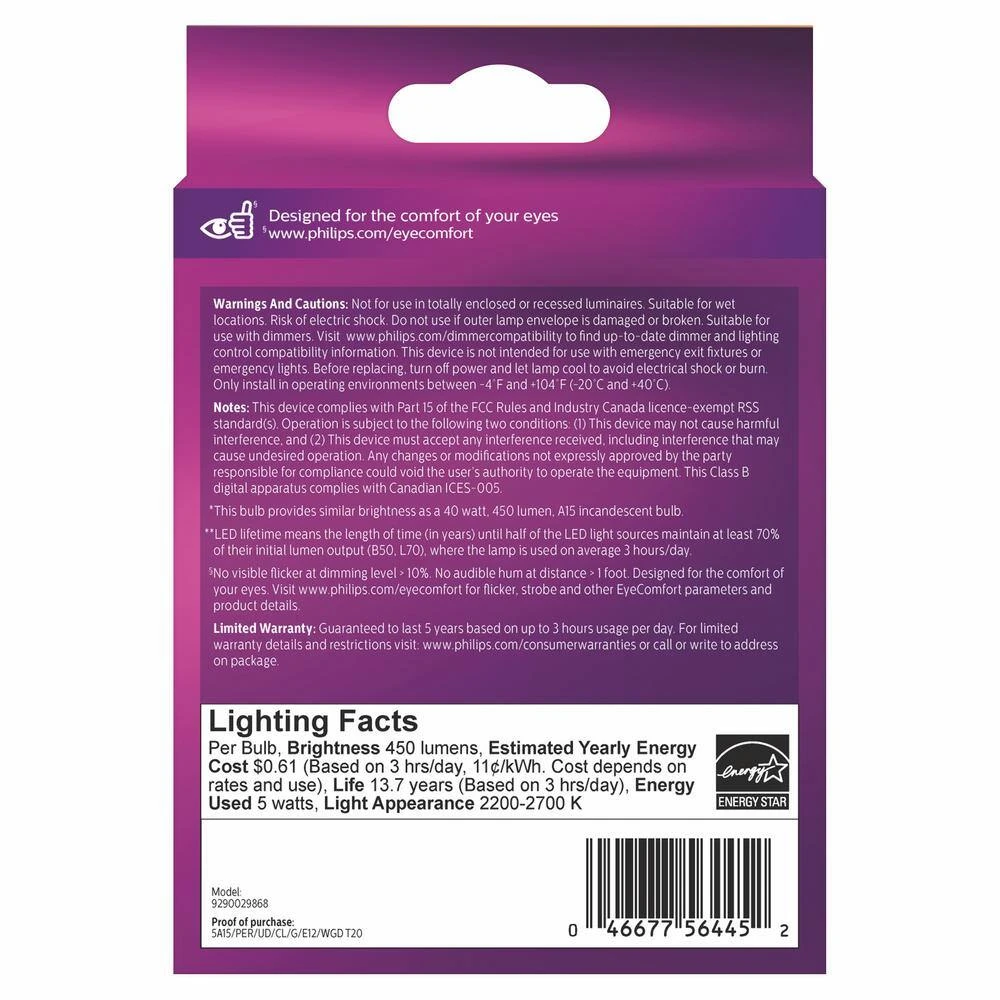 40-Watt Equivalent A15 Ultra Definition Dimmable Clear Glass E12 LED Light Bulb Soft White with Warm Glow 2700K (2-Pack) by Philips 8 40-Watt Equivalent A15 Ultra Definition Dimmable Clear Glass E12 LED Light Bulb Soft White with Warm Glow 2700K (2-Pack) by Philips - Image 6