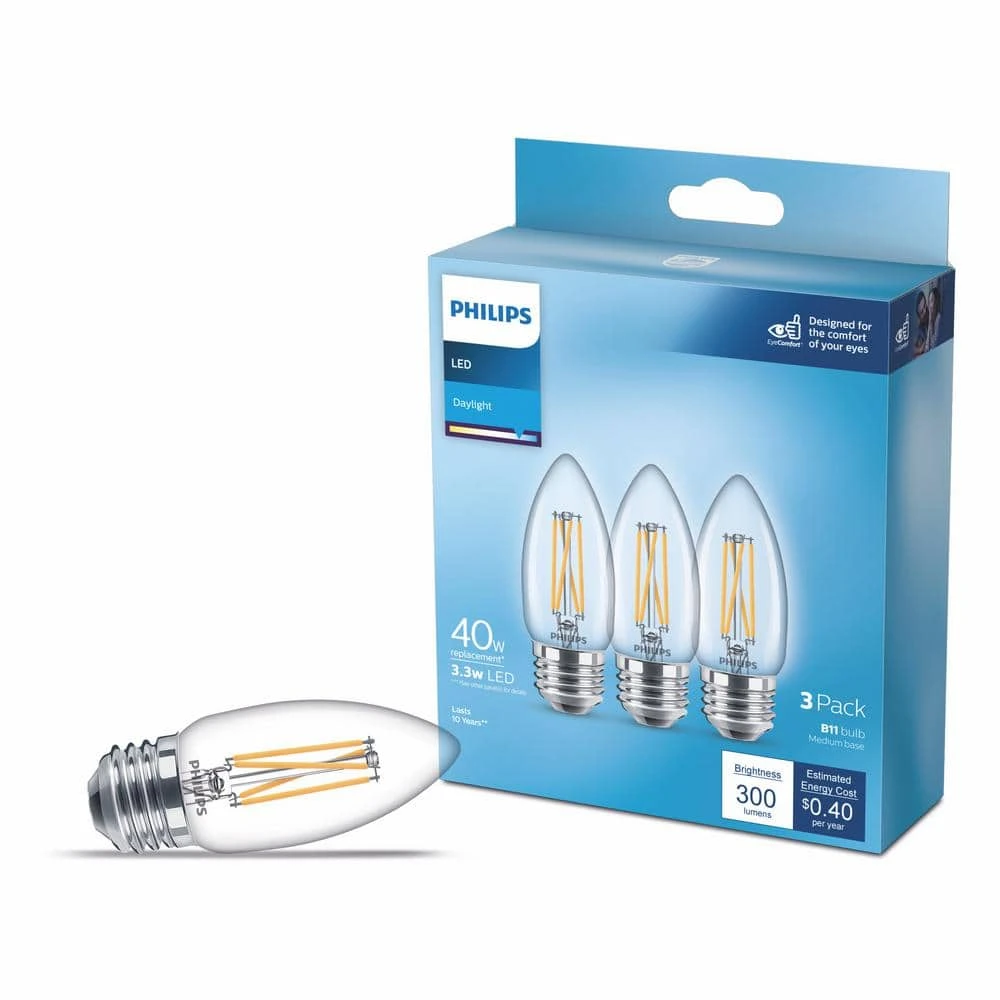 40-Watt Equivalent B11 Clear Glass Non-Dimmable E26 LED Light Bulb Daylight 5000K (3-Pack) by Philips 5 40-Watt Equivalent B11 Clear Glass Non-Dimmable E26 LED Light Bulb Daylight 5000K (3-Pack) by Philips - Image 3