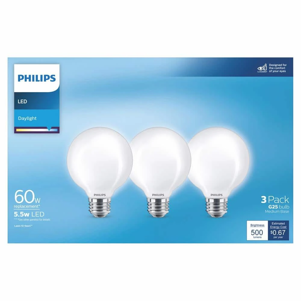 60-Watt Equivalent G25 Frosted Glass Non-Dimmable E26 LED Light Bulb Daylight 5000K (3-Pack) by Philips 6 60-Watt Equivalent G25 Frosted Glass Non-Dimmable E26 LED Light Bulb Daylight 5000K (3-Pack) by Philips - Image 4