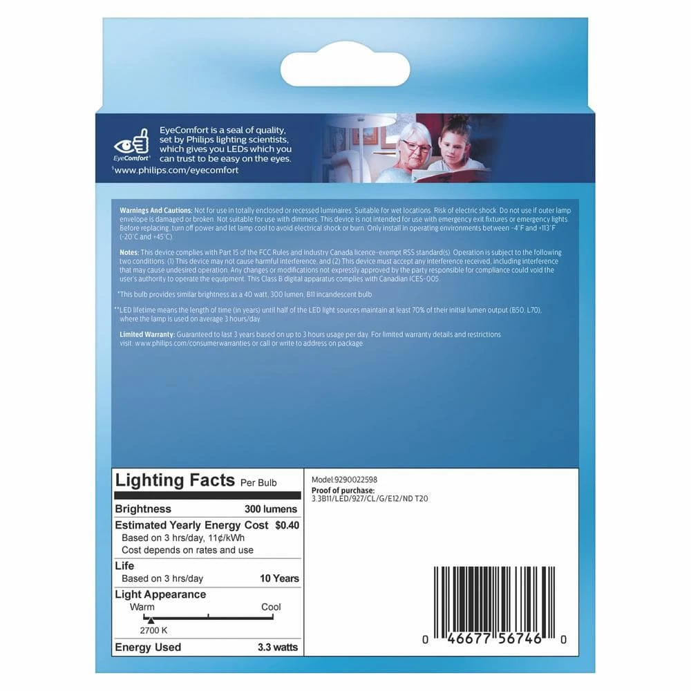 40-Watt Equivalent B11 Clear Glass Non-Dimmable E12 LED Light Bulb Soft White 2700K (3-Pack) by Philips 7 40-Watt Equivalent B11 Clear Glass Non-Dimmable E12 LED Light Bulb Soft White 2700K (3-Pack) by Philips - Image 5