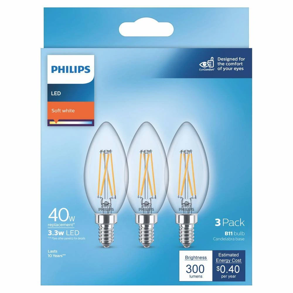 40-Watt Equivalent B11 Clear Glass Non-Dimmable E12 LED Light Bulb Soft White 2700K (3-Pack) by Philips 6 40-Watt Equivalent B11 Clear Glass Non-Dimmable E12 LED Light Bulb Soft White 2700K (3-Pack) by Philips - Image 4