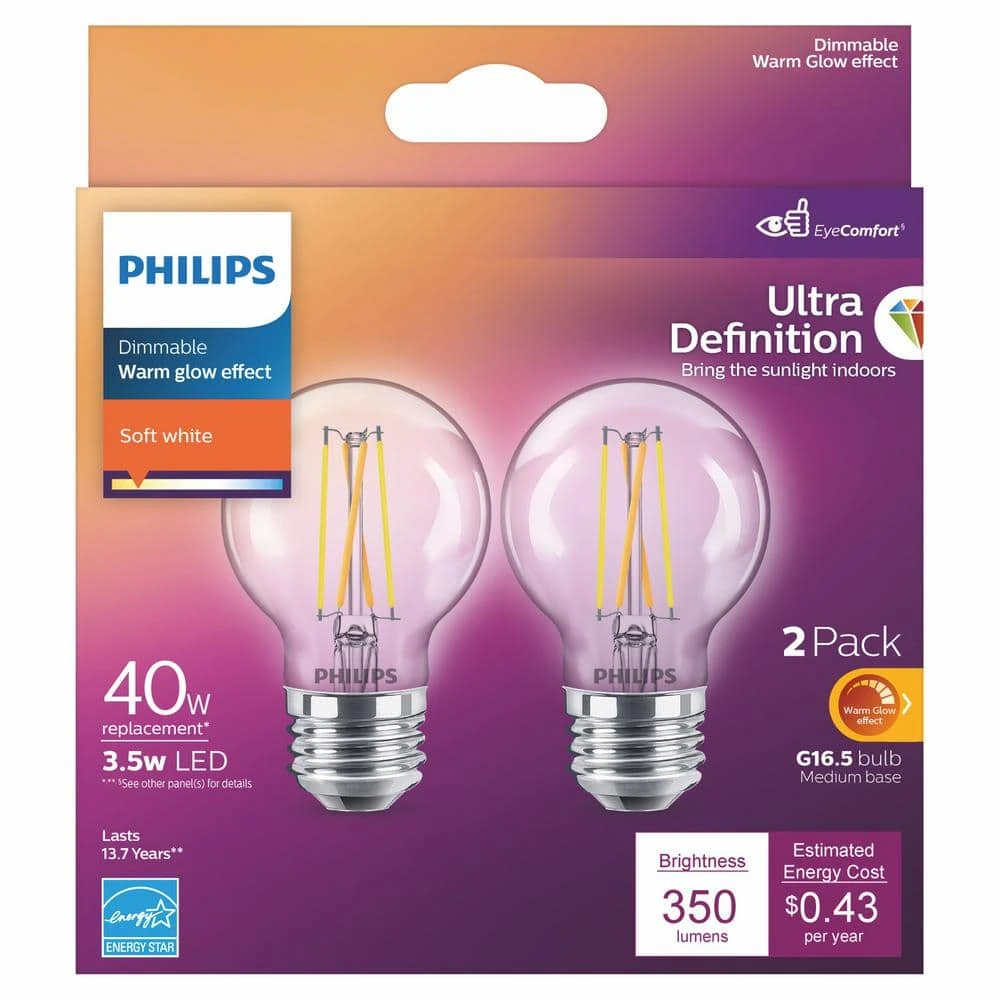 40-Watt Equivalent Ultra Definition G16.5 Clear Glass Dimmable E26 LED Light Bulb Soft White Warm Glow 2700K (2-Pack) by Philips 7 40-Watt Equivalent Ultra Definition G16.5 Clear Glass Dimmable E26 LED Light Bulb Soft White Warm Glow 2700K (2-Pack) by Philips - Image 5