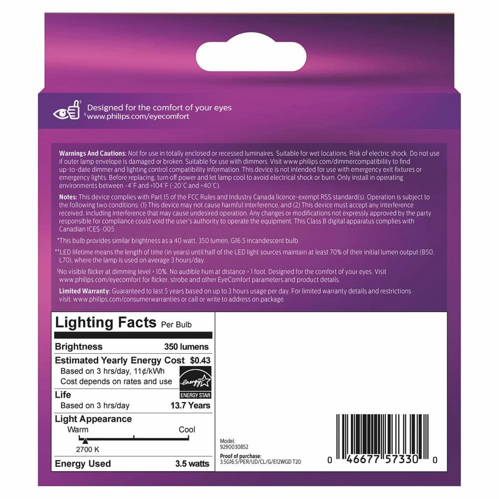 40-Watt Equivalent Ultra Definition G16.5 Clear Glass Dimmable E12 LED Light Bulb Soft White Warm Glow 2700K (2-Pack) by Philips 8 40-Watt Equivalent Ultra Definition G16.5 Clear Glass Dimmable E12 LED Light Bulb Soft White Warm Glow 2700K (2-Pack) by Philips - Image 6