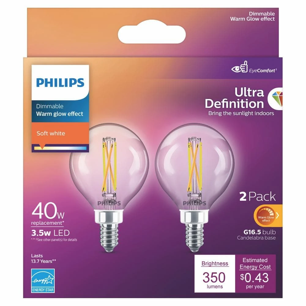 40-Watt Equivalent Ultra Definition G16.5 Clear Glass Dimmable E12 LED Light Bulb Soft White Warm Glow 2700K (2-Pack) by Philips 7 40-Watt Equivalent Ultra Definition G16.5 Clear Glass Dimmable E12 LED Light Bulb Soft White Warm Glow 2700K (2-Pack) by Philips - Image 5
