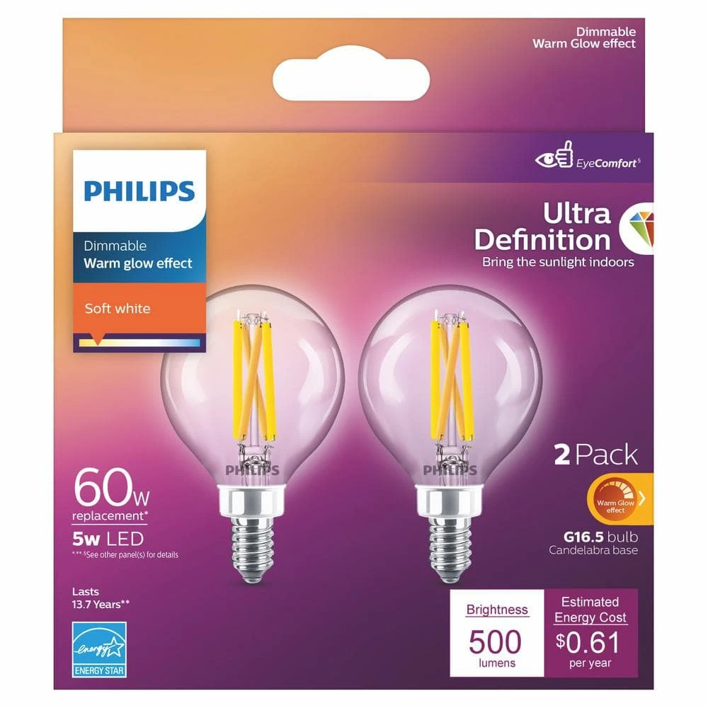 60-Watt Equivalent Ultra Definition G16.5 Clear Glass Dimmable E12 LED Light Bulb Soft White Warm Glow 2700K (2-Pack) by Philips 7 60-Watt Equivalent Ultra Definition G16.5 Clear Glass Dimmable E12 LED Light Bulb Soft White Warm Glow 2700K (2-Pack) by Philips - Image 5