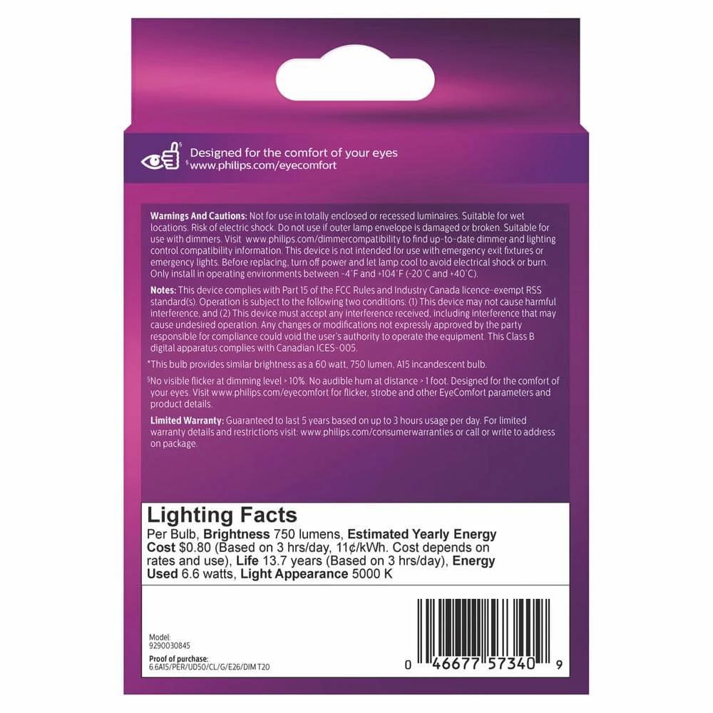 60-Watt Equivalent A15 Ultra Definition Dimmable Clear Glass E26 LED Light Bulb Daylight 5000K (2-Pack) by Philips 8 60-Watt Equivalent A15 Ultra Definition Dimmable Clear Glass E26 LED Light Bulb Daylight 5000K (2-Pack) by Philips - Image 6