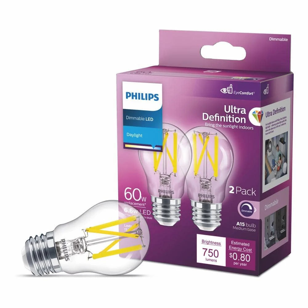 60-Watt Equivalent A15 Ultra Definition Dimmable Clear Glass E26 LED Light Bulb Daylight 5000K (2-Pack) by Philips 6 60-Watt Equivalent A15 Ultra Definition Dimmable Clear Glass E26 LED Light Bulb Daylight 5000K (2-Pack) by Philips - Image 4