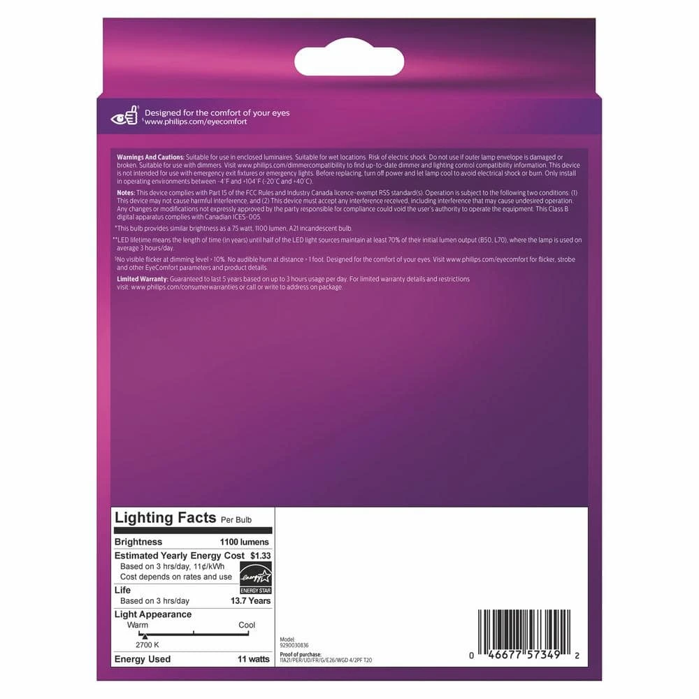 75-Watt Equivalent A21 Ultra Definition Dimmable E26 LED Light Bulb Soft White with Warm Glow 2700K (2-Pack) by Philips 8 75-Watt Equivalent A21 Ultra Definition Dimmable E26 LED Light Bulb Soft White with Warm Glow 2700K (2-Pack) by Philips - Image 6