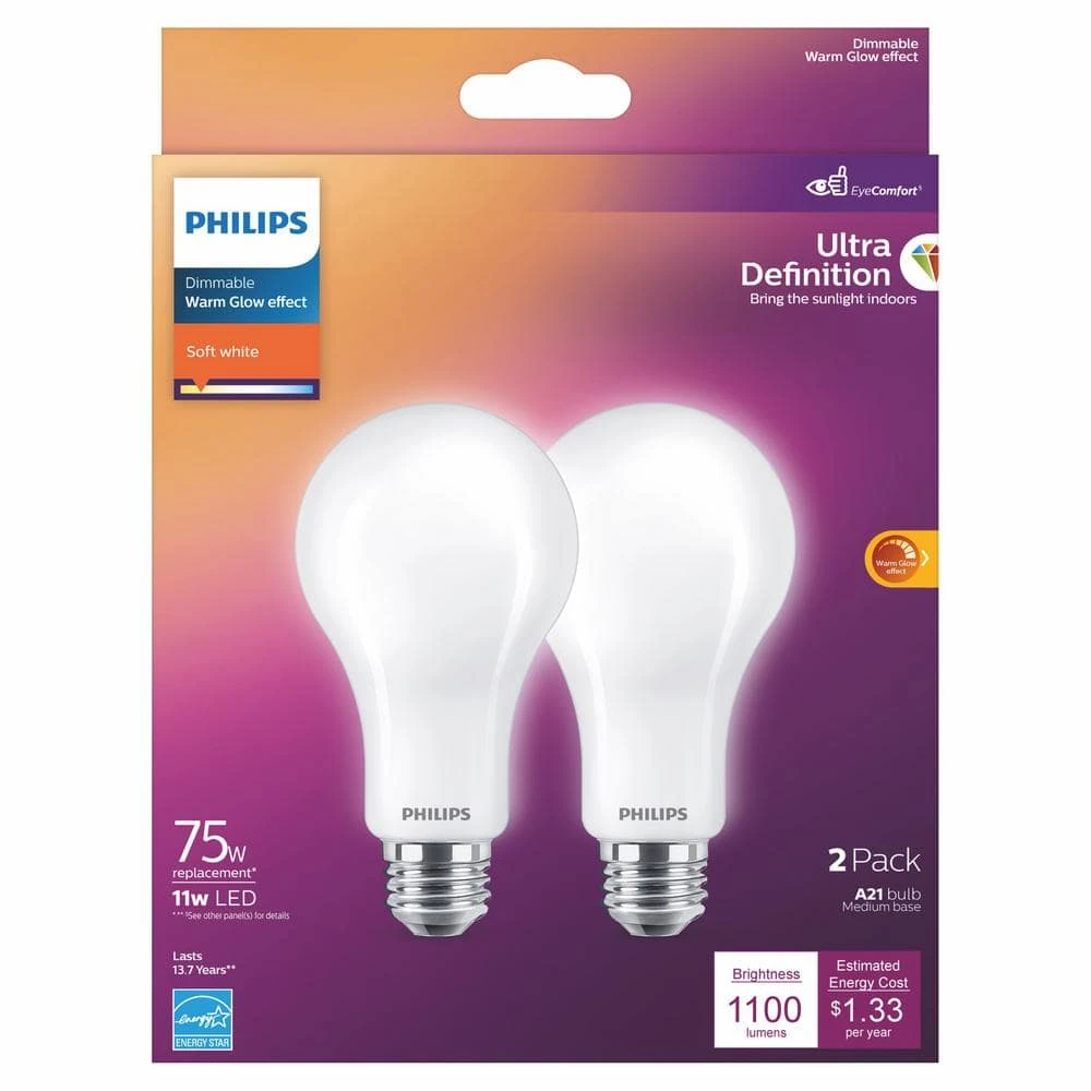 75-Watt Equivalent A21 Ultra Definition Dimmable E26 LED Light Bulb Soft White with Warm Glow 2700K (2-Pack) by Philips 7 75-Watt Equivalent A21 Ultra Definition Dimmable E26 LED Light Bulb Soft White with Warm Glow 2700K (2-Pack) by Philips - Image 5