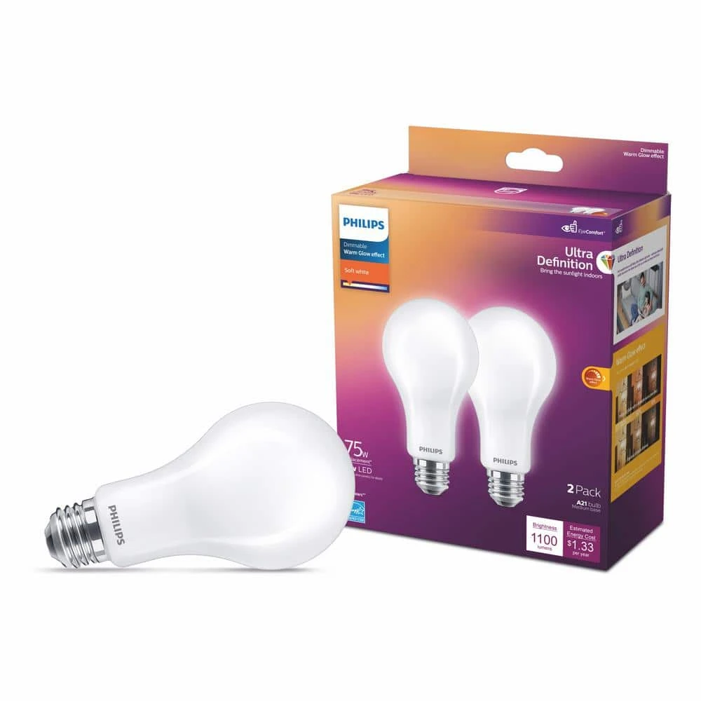 75-Watt Equivalent A21 Ultra Definition Dimmable E26 LED Light Bulb Soft White with Warm Glow 2700K (2-Pack) by Philips 6 75-Watt Equivalent A21 Ultra Definition Dimmable E26 LED Light Bulb Soft White with Warm Glow 2700K (2-Pack) by Philips - Image 4